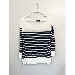 Barneys New York, Womens 100% Linen Top Medium Striped  White Blue